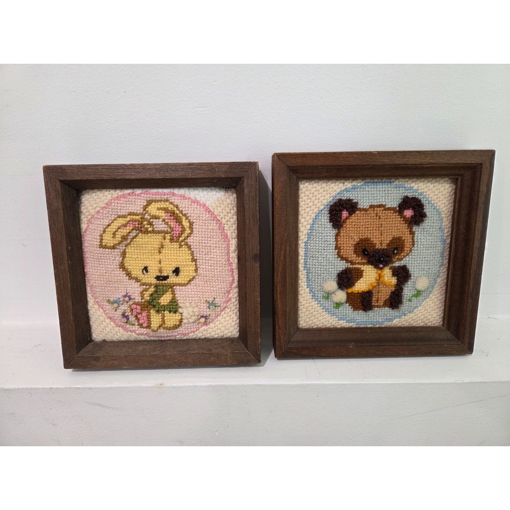 Vintage 2 Framed Crewel Needlepoint Nursery Decor Teddy Bear Bunny Blue Pink 6''